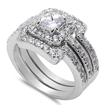 Trio Set Piece Wedding Bridal Ring Band Princess Cut Simulated Cubic Zirconia 925 Sterling Silver